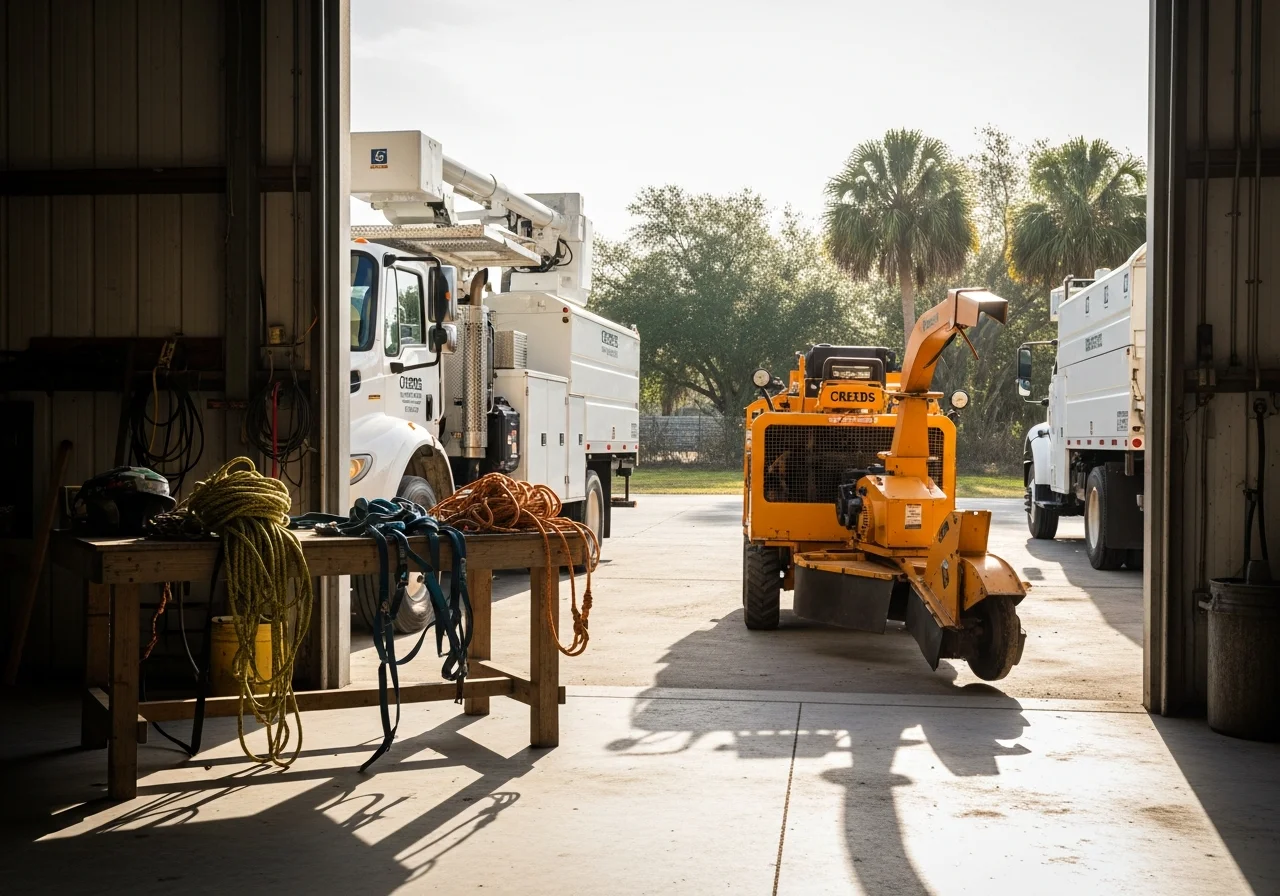 Outdoor crew with professional equipment and machinery ready for tree service and landscaping work.