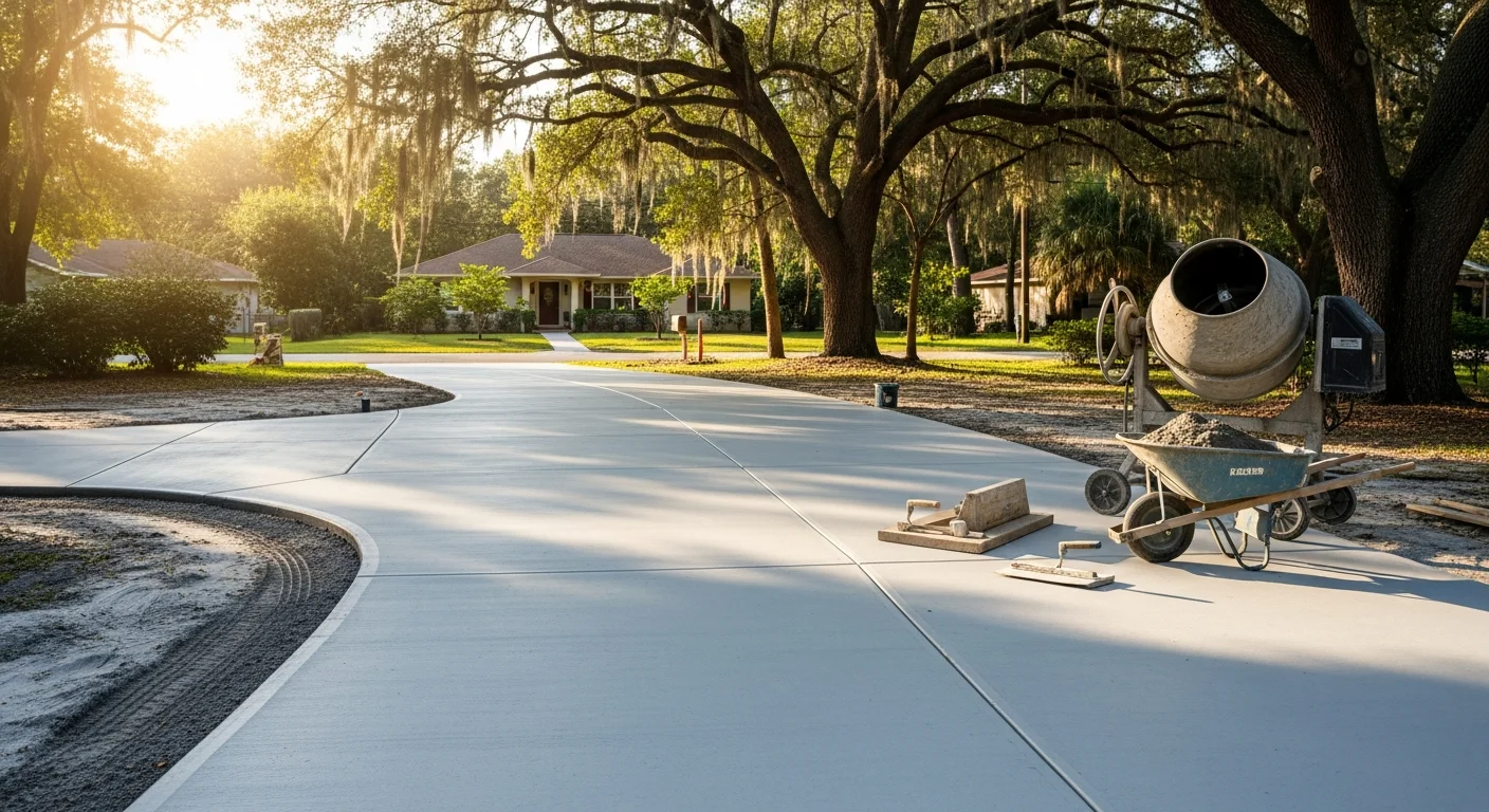 Finished concrete driveway installation at residential property in Orlando area