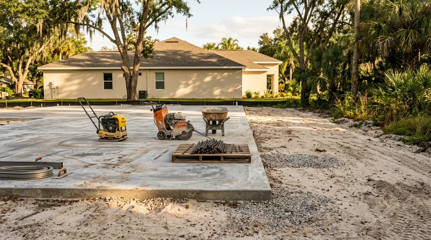 Creeds Outdoor Services crew and equipment working on a construction site in Orlando, Florida