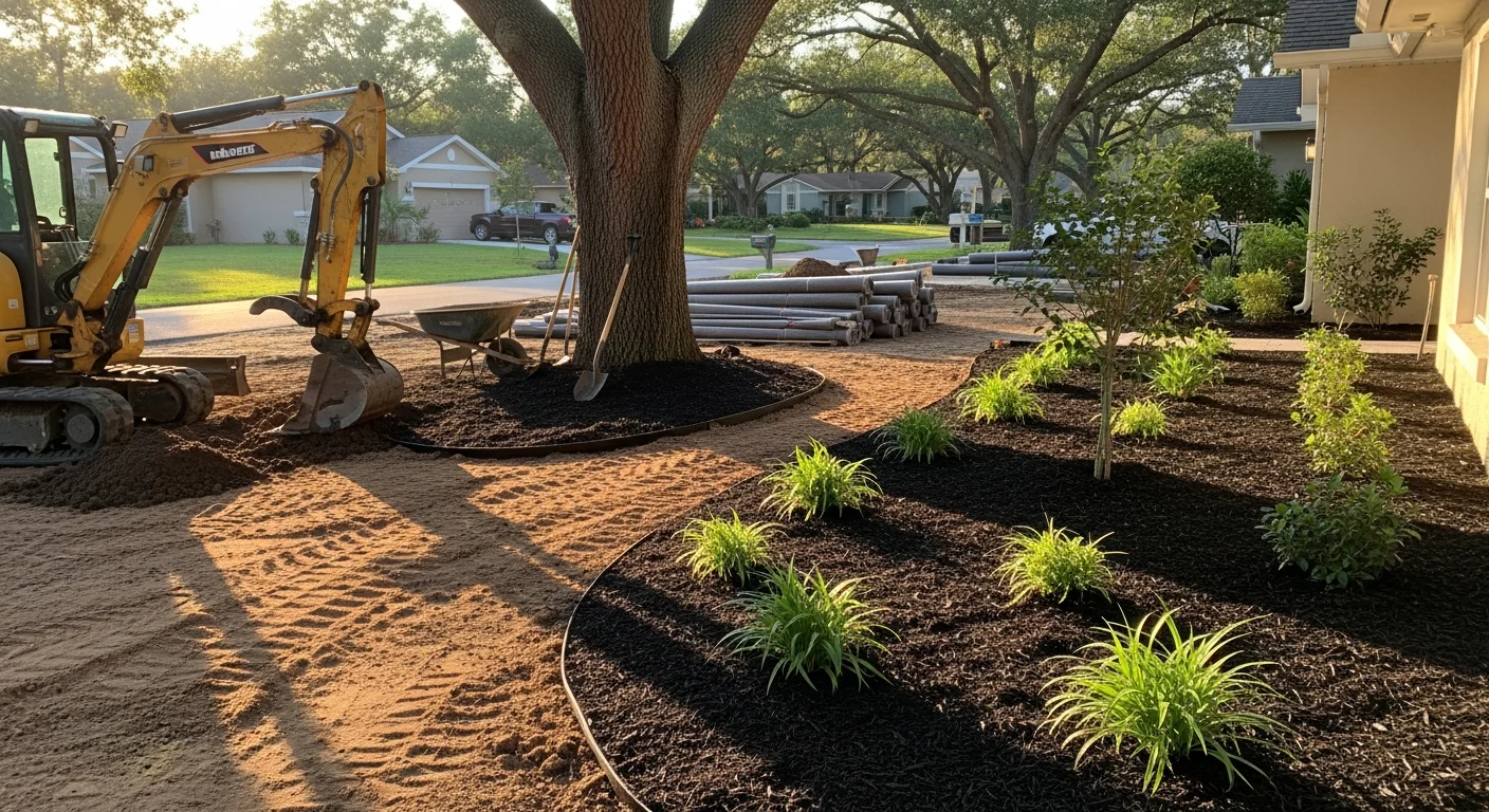 Newly landscaped residential yard with graded soil and planted areas in Central Florida