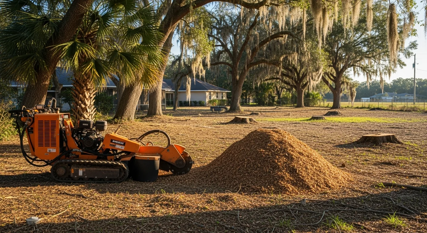 Professional arborist removing a large tree in Orlando residential neighborhood