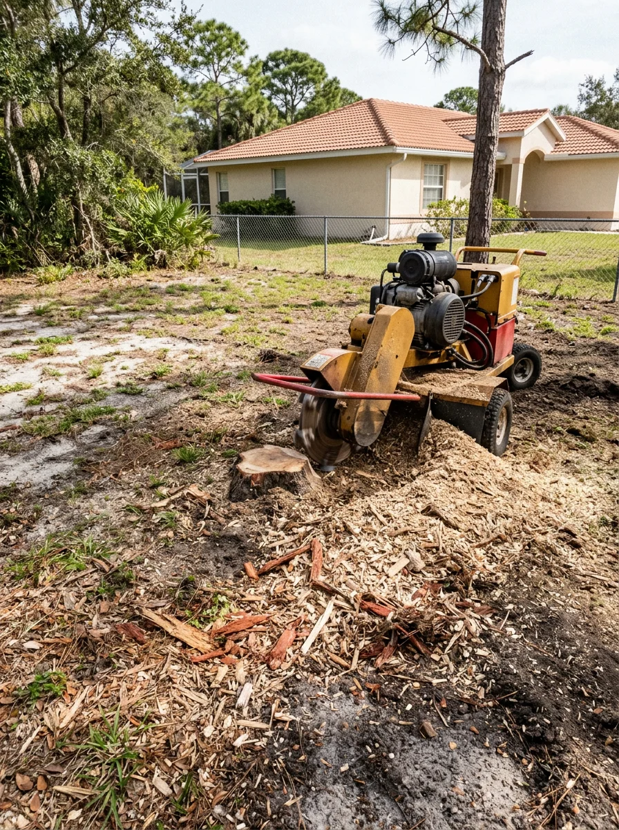 Crew member grinding a tree stump on a Brevard County property