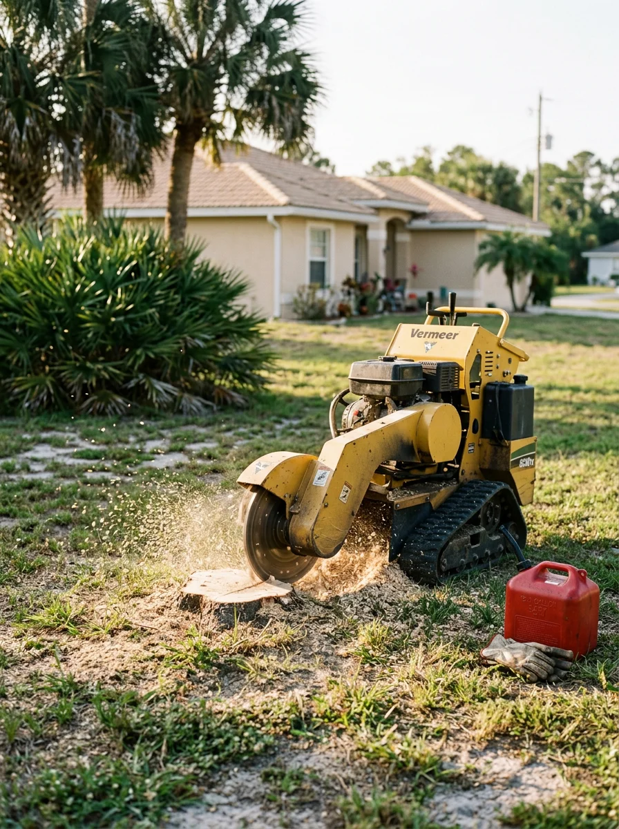 Stump grinder working on a tree stump on a residential property in Palm Coast, Florida