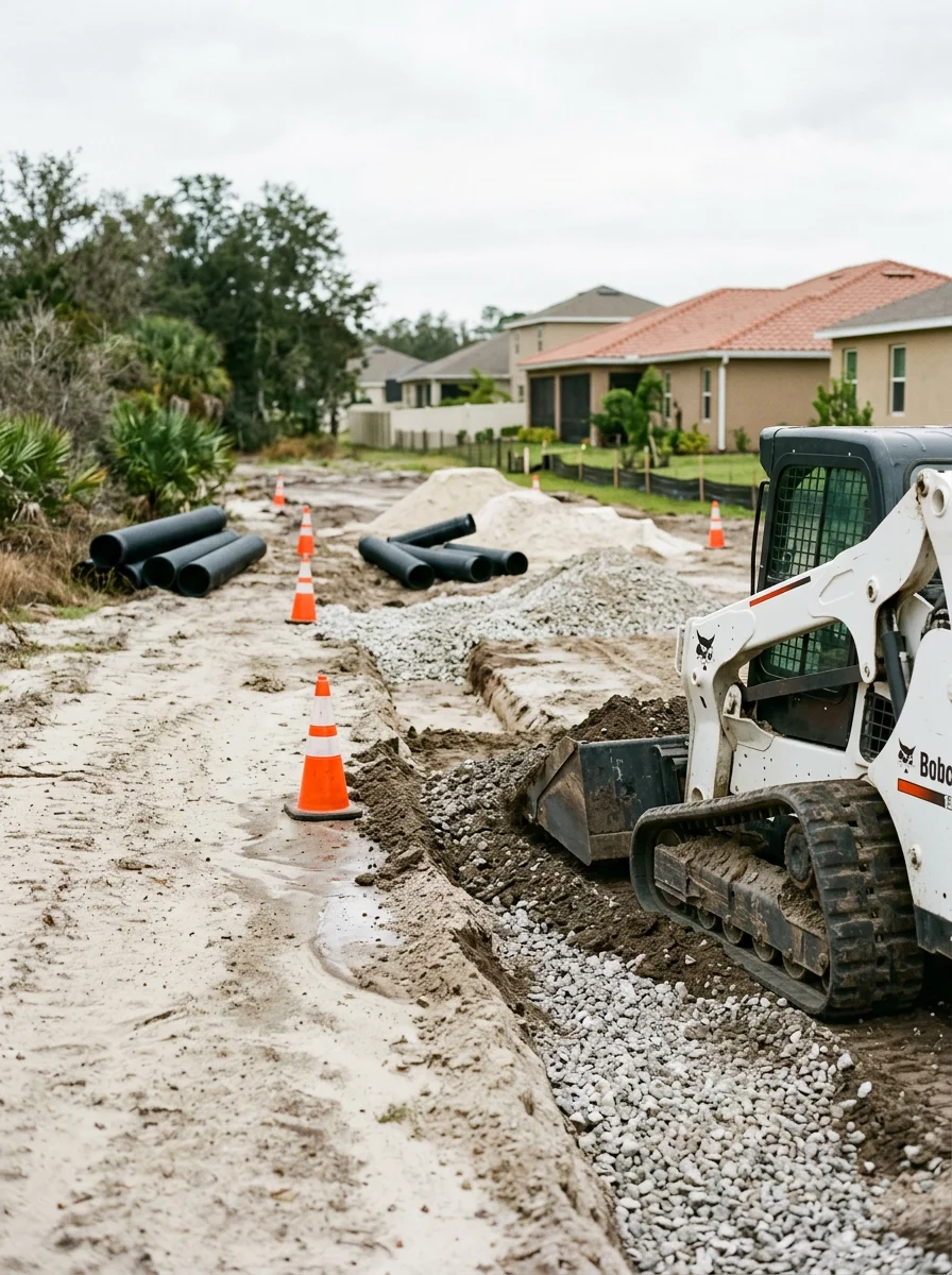 Bobcat operating on a site with drainage work in Lake County, Florida