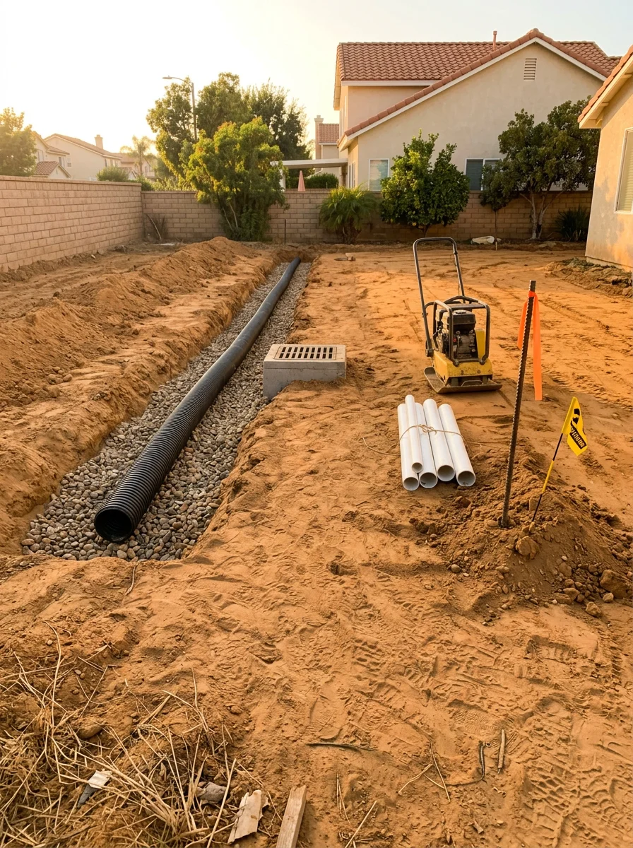 Crew installing drainage and grading on a clay-soil yard in Orange County, California