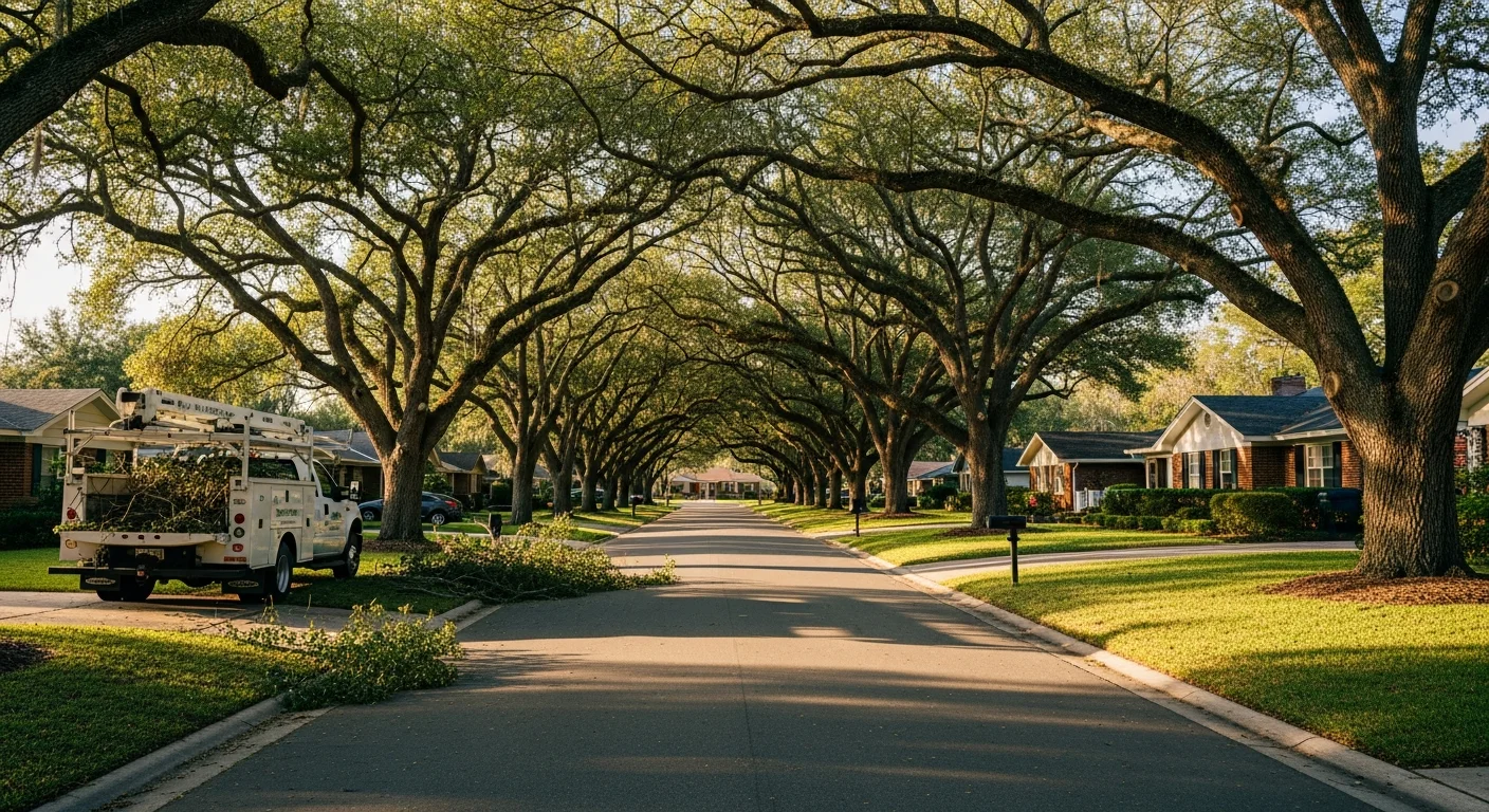Residential street in Orlando with mature oak trees and single-family homes typical of the area's diverse neighborhoods.