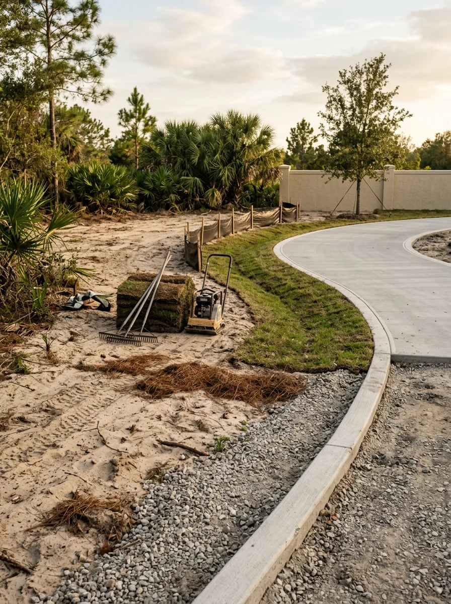 Newly graded yard with drainage swale and concrete driveway on flatwoods sand in Osceola County, Florida