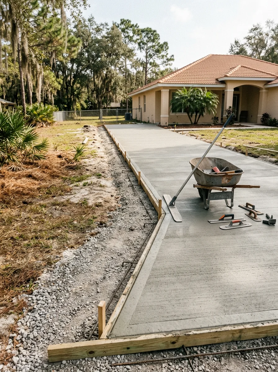 Crew installing a concrete driveway on a Polk County home with prepared subgrade