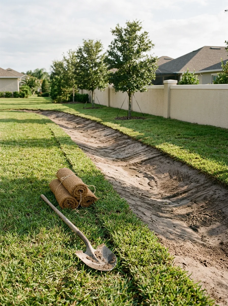 Crew installing a drainage swale on a flat Seminole County yard