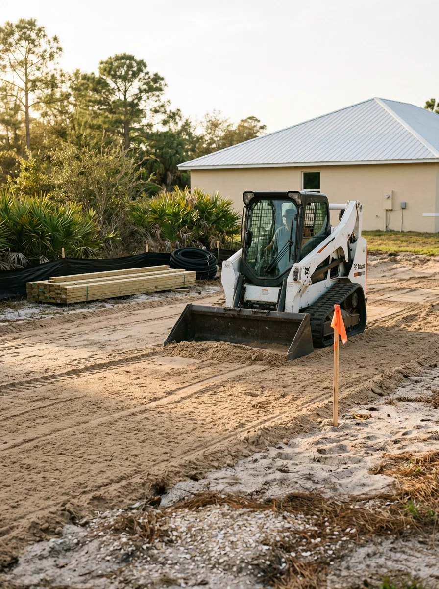 Bobcat grading sandy soil on a residential lot in Volusia County, Florida