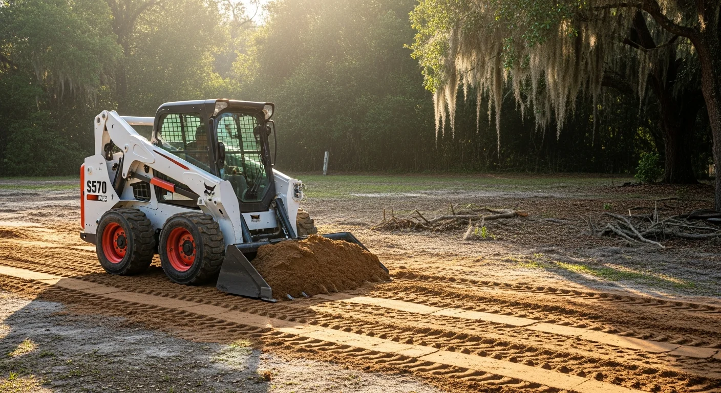 A bobcat skid steer clearing and grading a sandy residential lot in Orlando, FL, with loose soil and brush pushed to the site perimeter. The compact machine operates in a tight yard space typical of Central Florida residential properties.