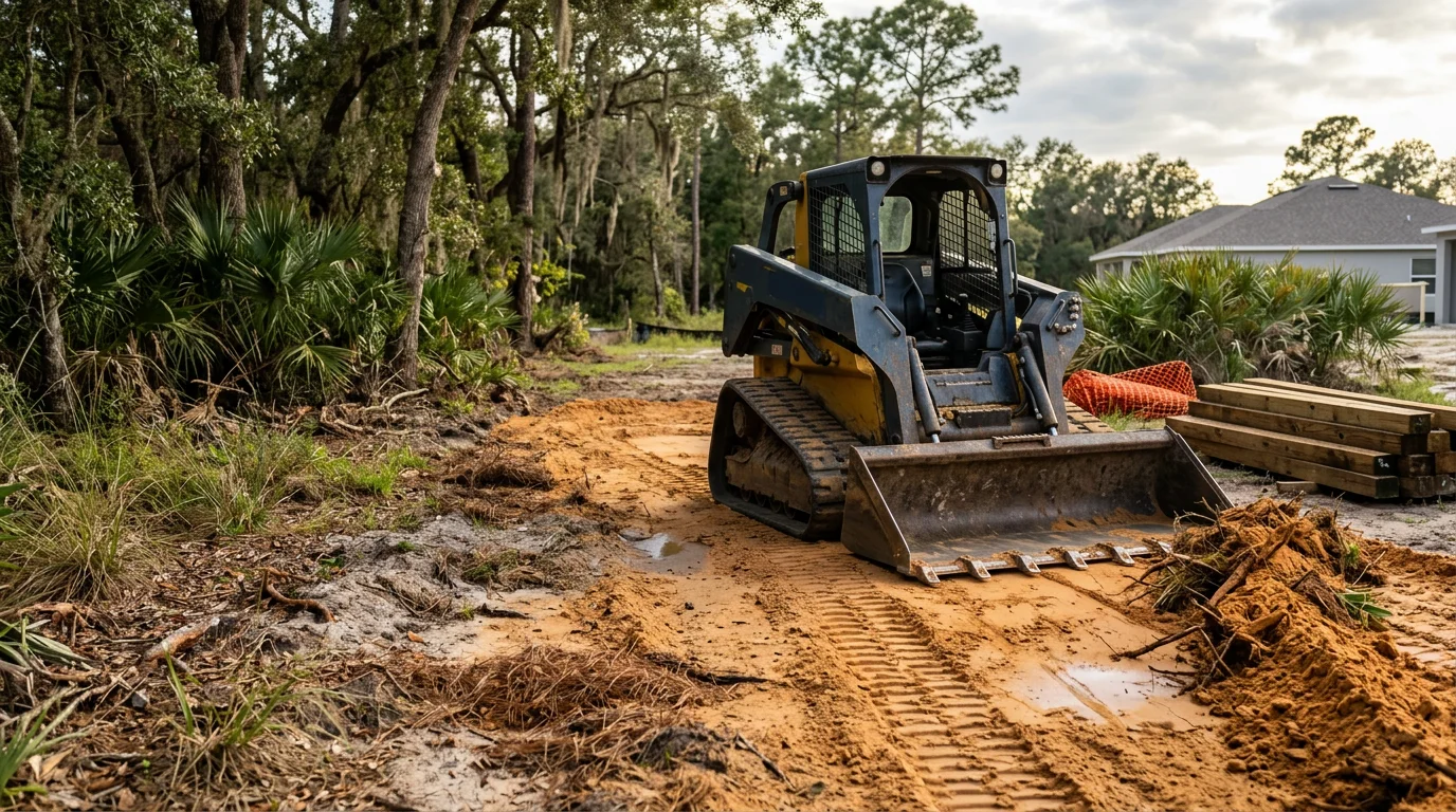 A skid steer operator grading a sandy residential lot in Orlando, Florida, with cleared brush piled to the side and a home foundation visible in the background. The site shows freshly leveled soil ready for landscaping or construction in the Central Florida area.