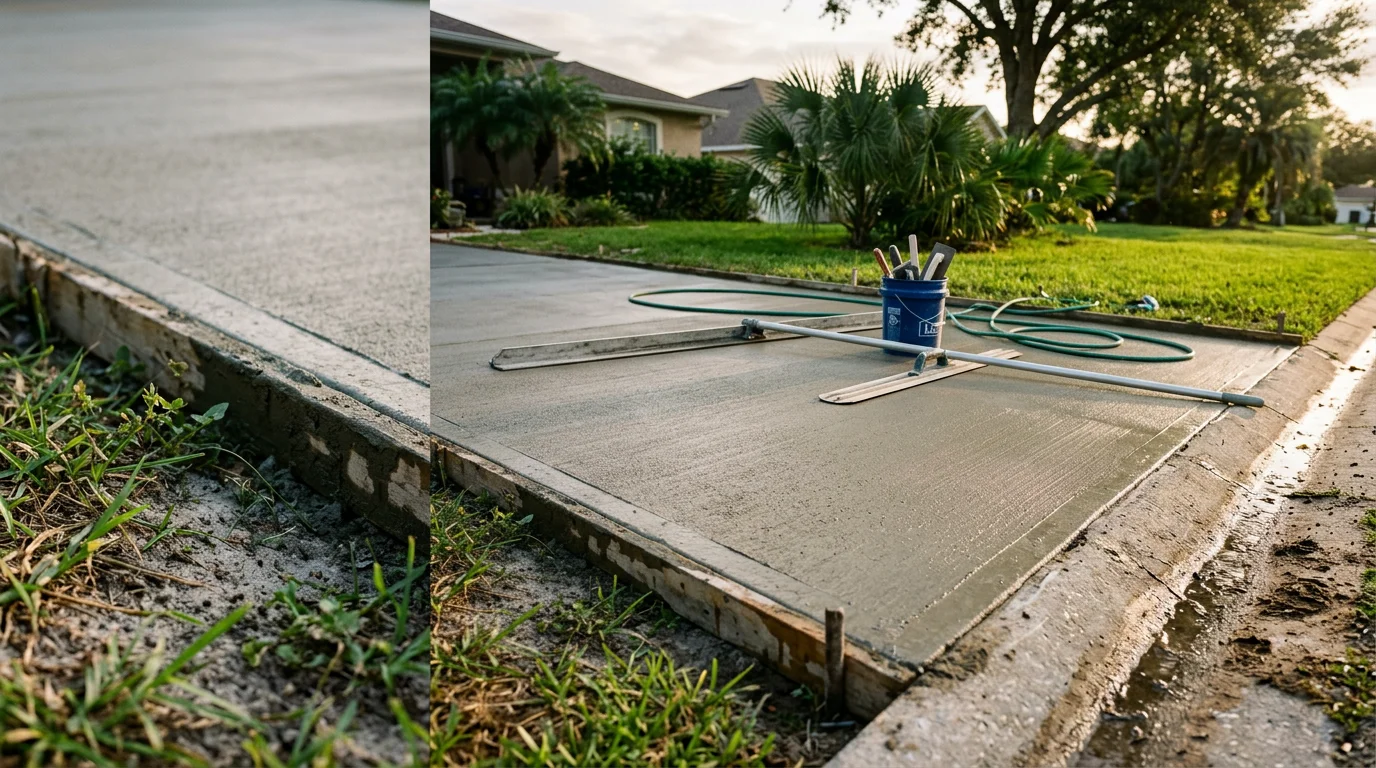 Freshly poured and finished concrete driveway at a residential property in Orlando, Florida. The surface is smooth and evenly graded, with green landscaping visible along the edges.