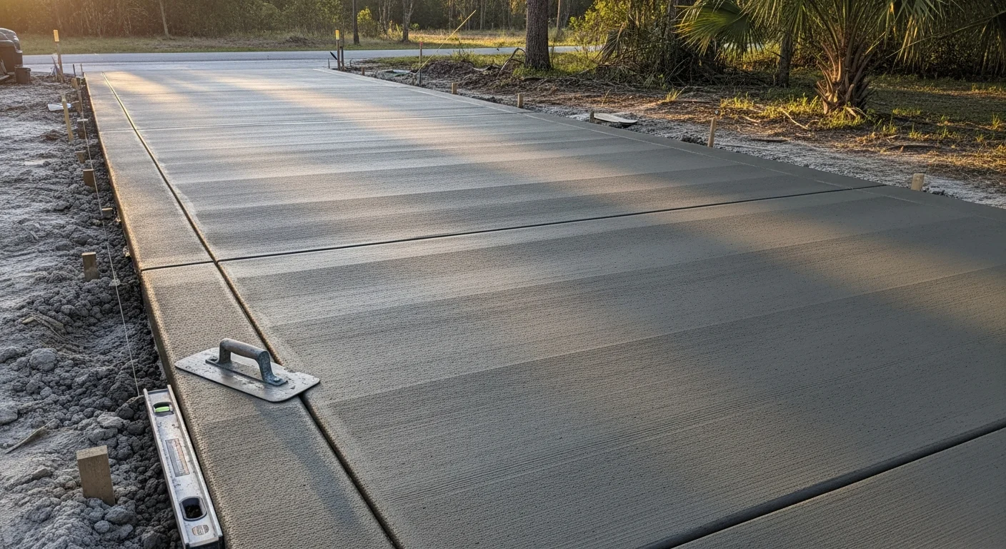Freshly installed concrete driveway at a residential property in Orlando, FL, with a smooth brushed finish and clean edges. The surface slopes away from the home's garage to direct water toward the yard.