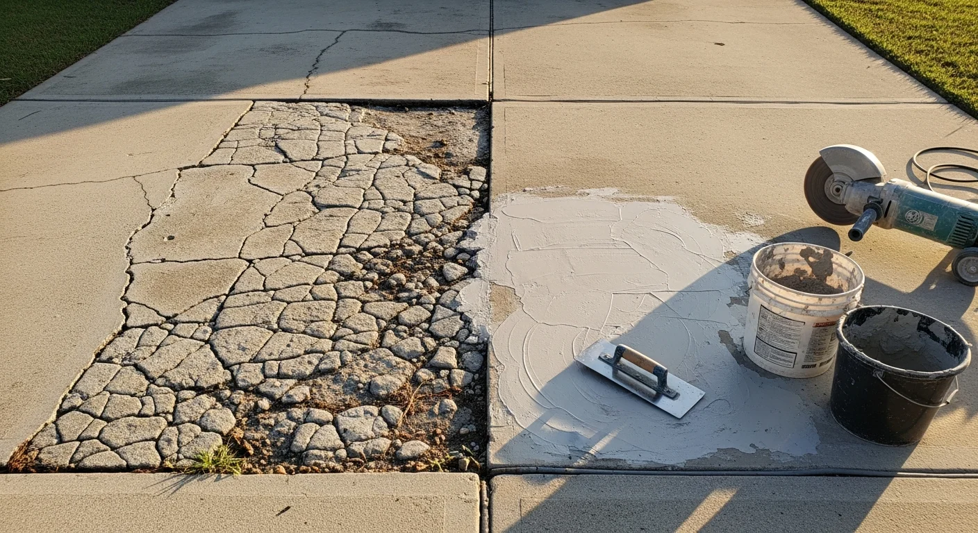 A repaired residential concrete driveway in Orlando, FL showing a smooth, level surface with filled cracks and restored edges. The surrounding landscape reflects a typical Central Florida home exterior with bright sunlight and green lawn.