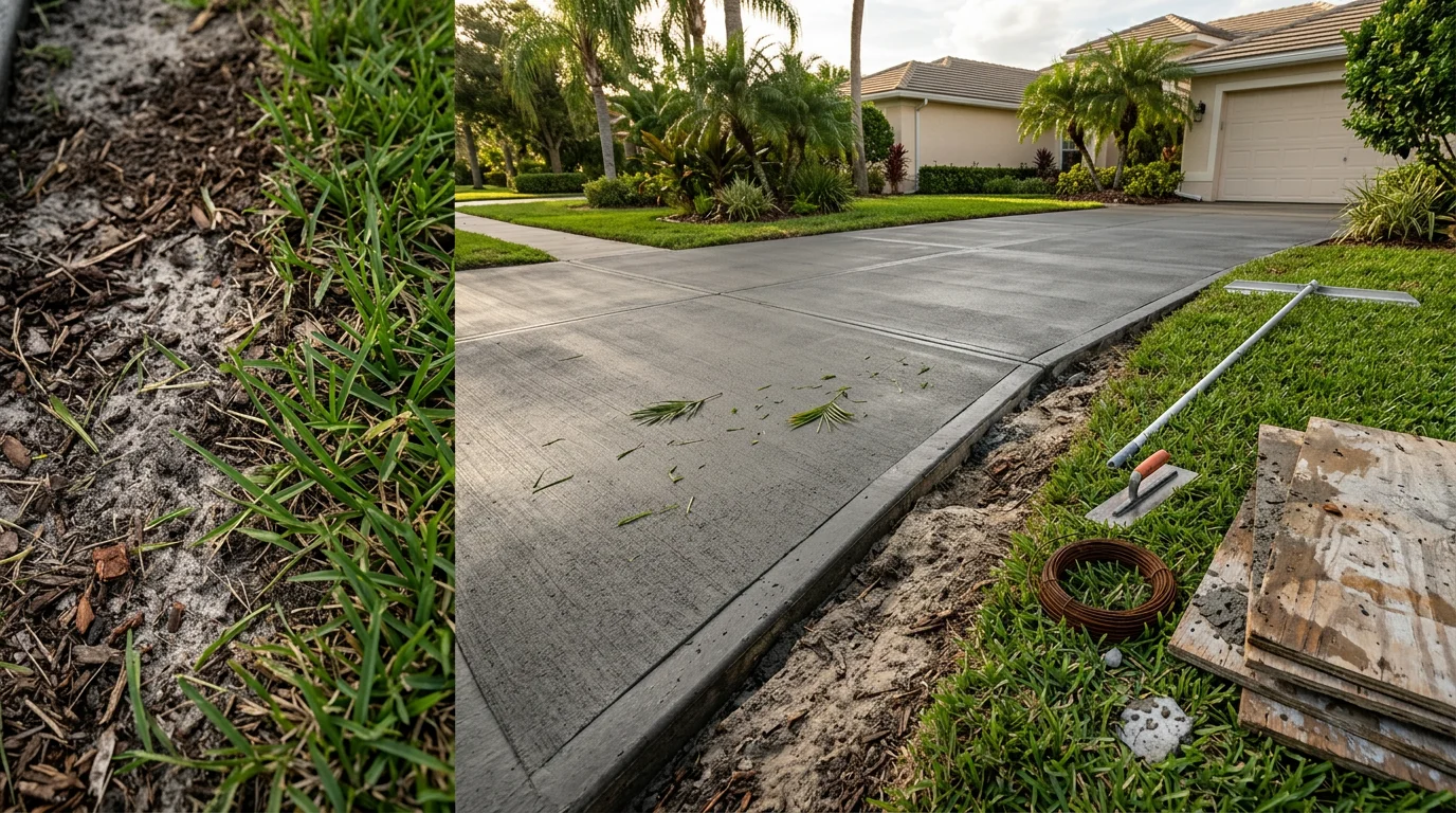 Freshly poured and finished concrete driveway at a residential property in Orlando, Florida, with clean edges and a smooth surface ready for use. The surrounding yard shows Central Florida landscaping typical of neighborhoods like College Park and Winter Park.