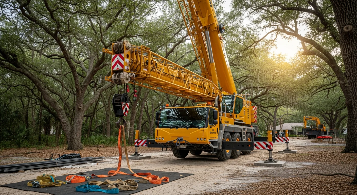 A mobile crane positioned on a commercial job site in Orlando, FL, lifting heavy materials over an existing structure. The surrounding area shows typical Central Florida construction conditions with open sky and active site equipment nearby.