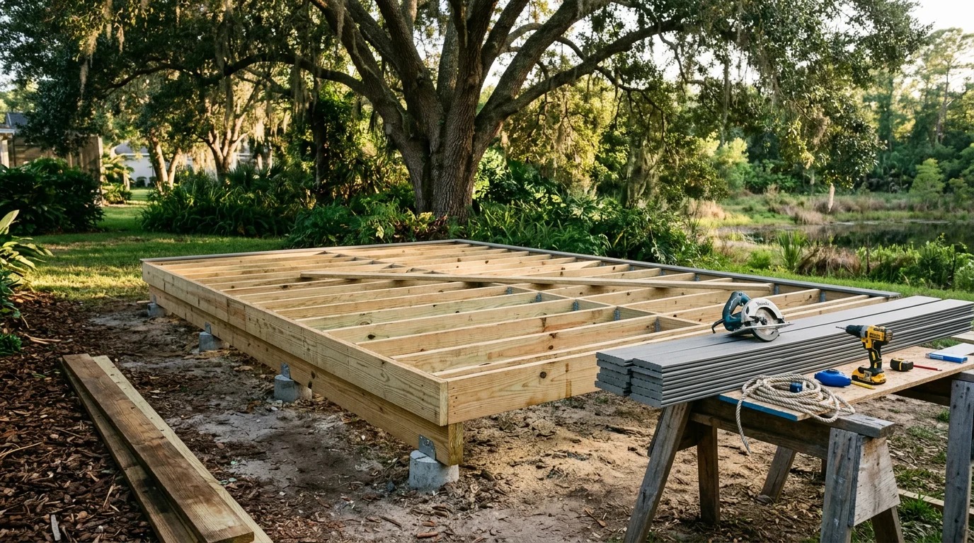 A newly constructed wood deck attached to a residential home in Orlando, Florida, surrounded by mature trees with a backyard view. The deck features a clean railing system and open board spacing suited to Central Florida's humid climate.