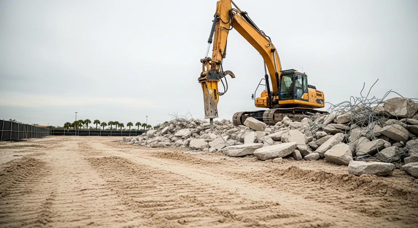 A heavy excavator breaking apart a concrete structure on a cleared job site in Orlando, FL. Debris is staged to the side of the lot with open sky visible above the Central Florida landscape.