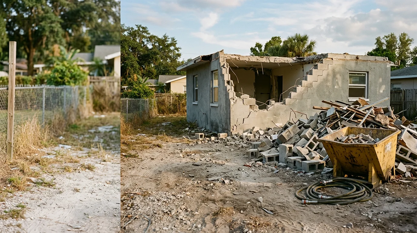 A cleared residential lot in Orlando, FL after full structure demolition, with debris removed and the ground leveled. A concrete block foundation outline remains visible, with neighboring homes and mature trees visible in the background.