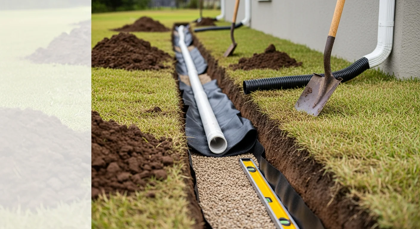 A freshly installed French drain running along the edge of a residential backyard in Orlando, Florida, with gravel-filled trench and green lawn visible alongside. A catch basin grate sits at the low point of the yard where water previously pooled after heavy rain.