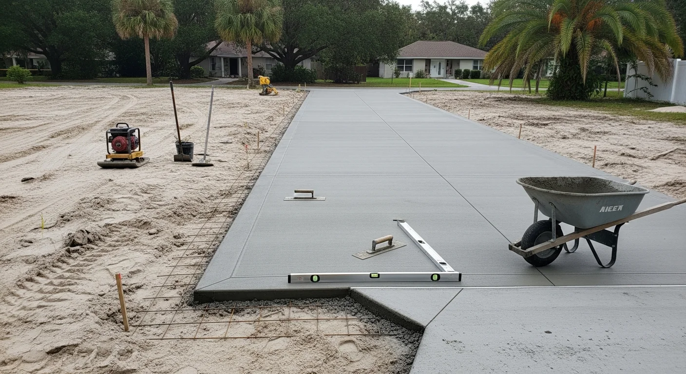 Freshly installed concrete driveway at a single-family home in Orlando, FL, with a smooth finish, clean edges, and visible slope for water drainage. The surface leads from the street to a residential garage under a clear Central Florida sky.
