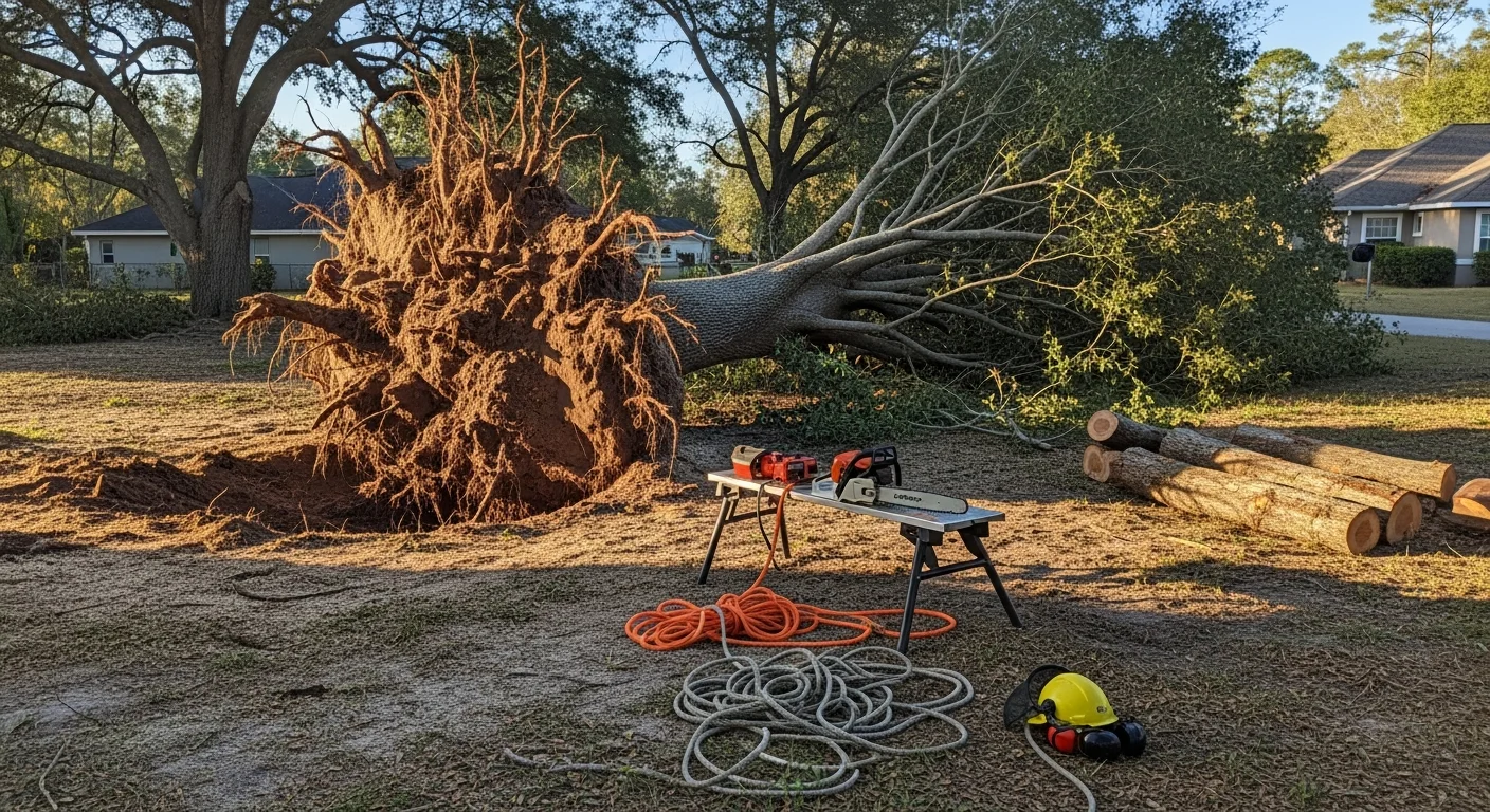 A large fallen oak tree resting against the roof of a residential home in Orlando, FL after a storm, with a tree service crew preparing equipment for safe removal. Debris and broken branches are visible across the lawn.