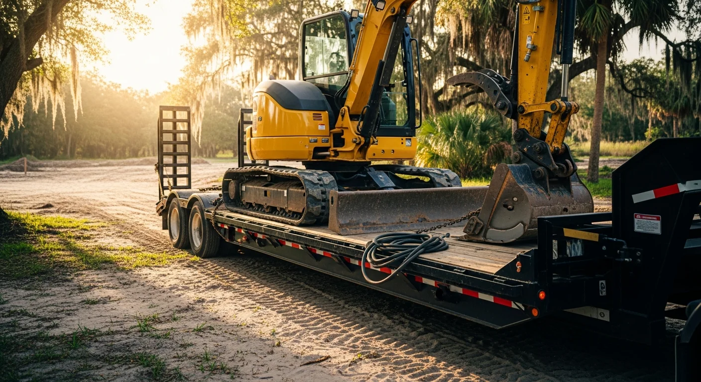 A heavy equipment rental unit being offloaded from a flatbed trailer at a Central Florida construction site. Creeds Outdoor Services equipment delivery in the Orlando, FL area.