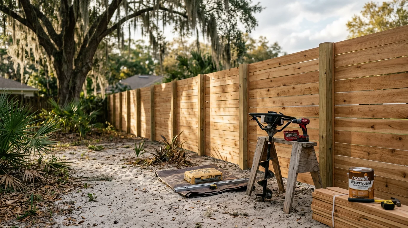 A newly installed wood privacy fence along the backyard boundary of a residential property in Orlando, Florida. The fence panels are straight and evenly spaced, with a gate visible on the left side of the yard.