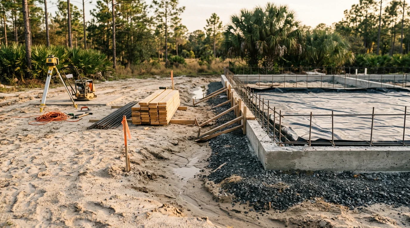 A freshly poured and reinforced concrete foundation slab on a residential lot in Orlando, Florida, with compacted sandy soil visible at the edges. The site is graded and prepared for framing, set against a clear Central Florida sky.