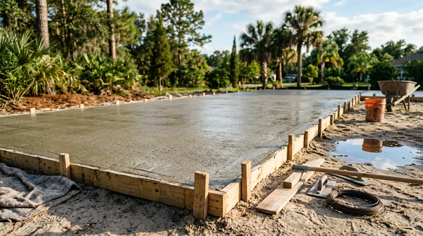 A freshly poured concrete slab foundation at a residential construction site in Orlando, Florida, with formed edges and a smooth surface ready for framing. The surrounding sandy Central Florida soil is visible at the perimeter of the pour.