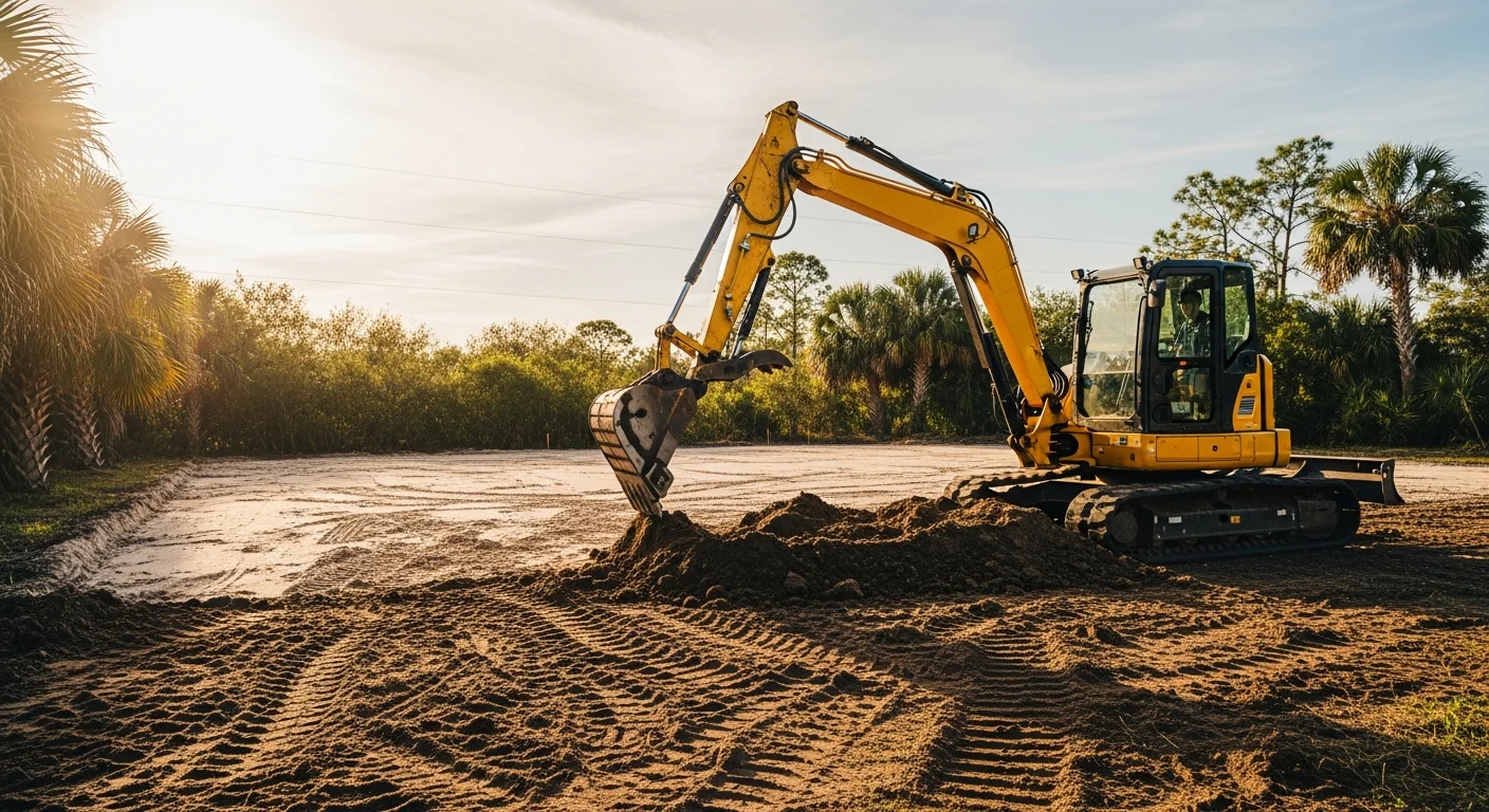 A tracked excavator operated by a Creeds Outdoor Services crew member grading a cleared lot in Orlando, FL. Sandy Central Florida soil is visible in the foreground with a leveled site surface in the background.