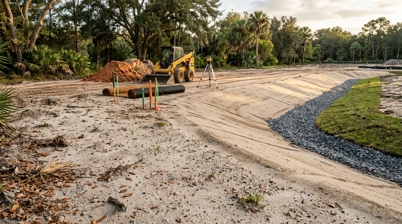 A residential lot in Orlando, Florida after professional land grading, showing smooth, evenly contoured soil sloping away from the home's foundation. Heavy equipment tracks are visible across the cleared surface, with surrounding trees and a suburban neighborhood in the background.