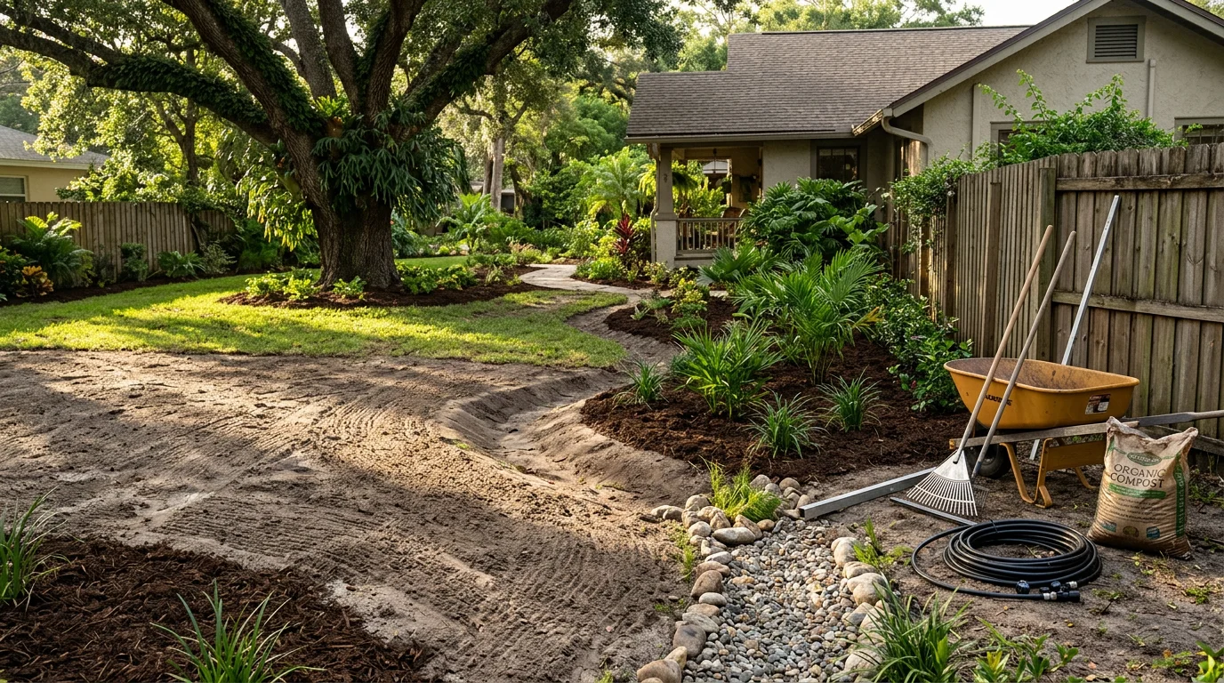 A freshly designed residential landscape in Orlando, Florida, featuring layered plantings, graded beds, and a clean lawn suited to Central Florida's sandy soil and subtropical climate. Creeds Outdoor Services landscape design installation in the greater Orlando area.