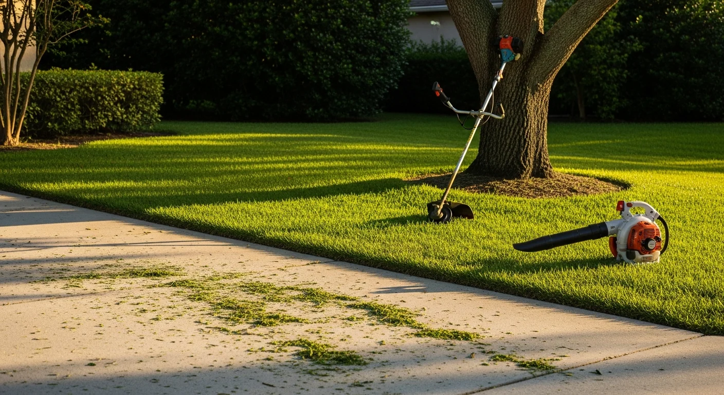 A neatly mowed and edged residential lawn in Orlando, FL with clean turf lines and trimmed shrubs along the property border. Bright green St. Augustine grass reflects consistent professional landscape maintenance in Central Florida's subtropical climate.