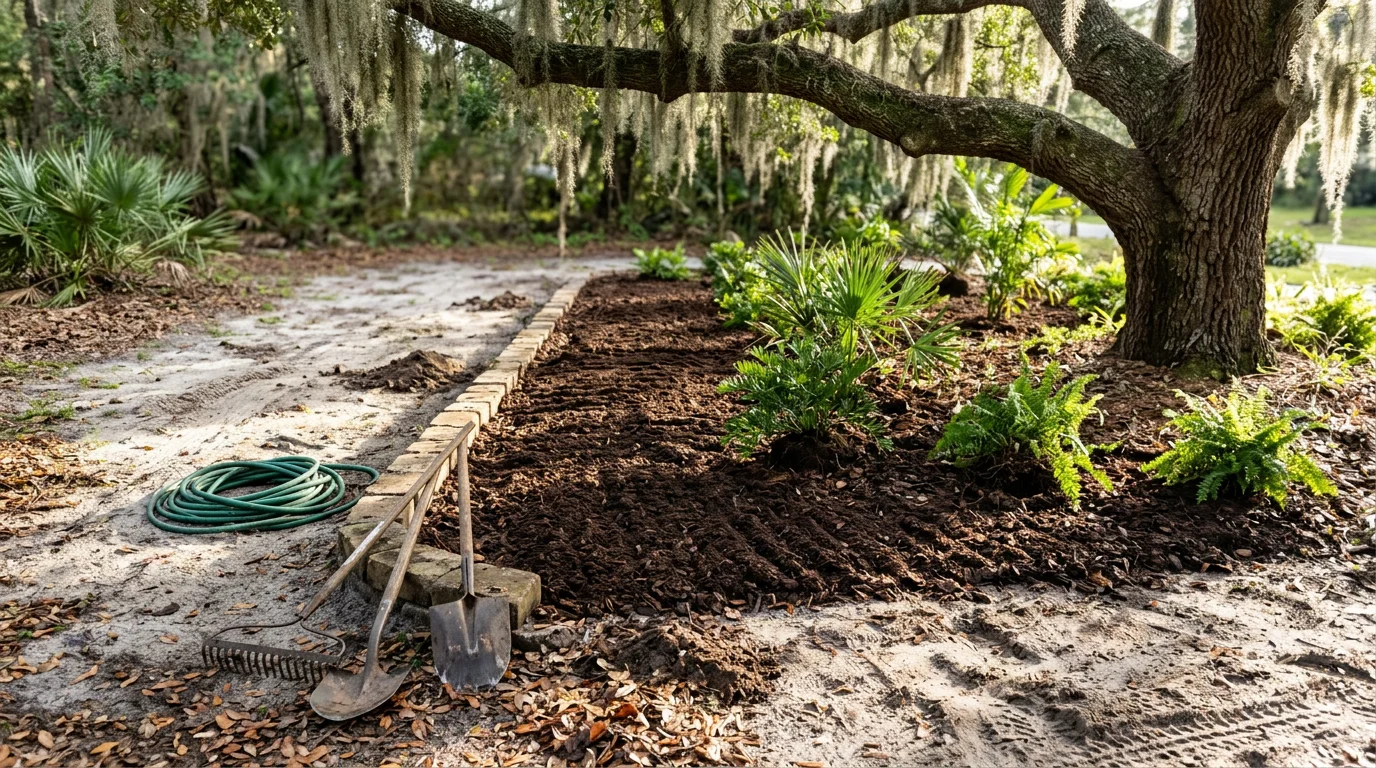 Freshly installed landscape beds with mulch and native plantings at a residential property in Orlando, Florida. Clean lawn edging and graded soil visible in the foreground with established trees in the background.