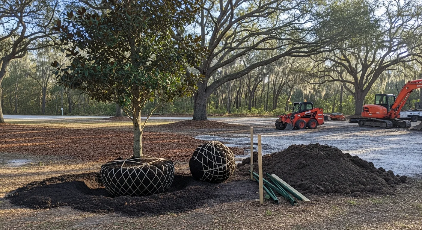 A large replacement tree freshly planted in a residential yard in Orlando, FL, with cleared soil around the base and a mature canopy visible on surrounding properties. A Creeds Outdoor Services crew member inspects the planting site near the root zone.