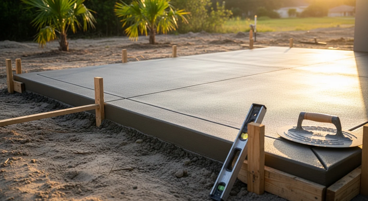Freshly installed concrete patio behind a residential home in Orlando, FL, with a smooth sealed surface and clean edges extending into a landscaped backyard. The slab shows a broom-finish texture suited for outdoor use in Central Florida's year-round warm climate.