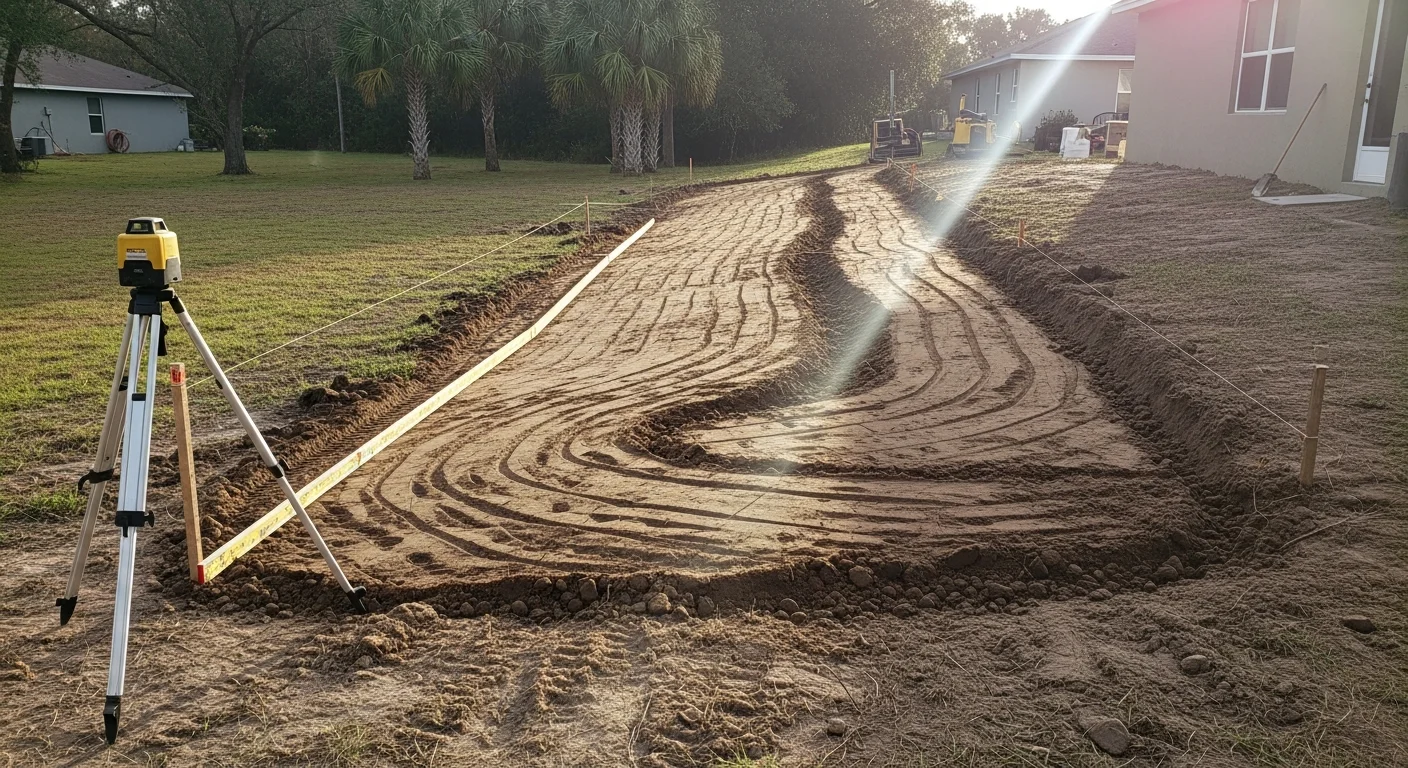 A freshly graded residential backyard in Orlando, Florida, showing smooth, sloped soil contoured away from the home's foundation toward the yard perimeter. The cleared and leveled ground is prepared for sod installation with no visible low spots or pooling areas.