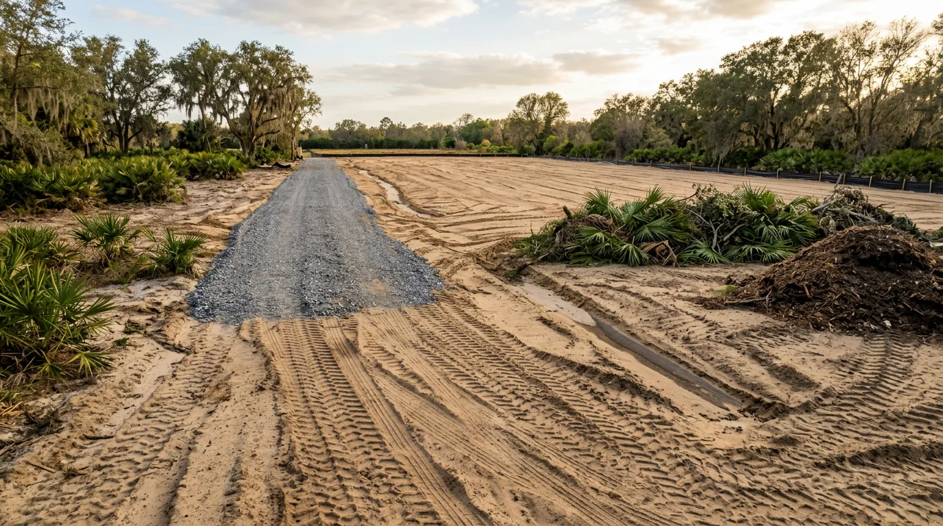 A cleared and graded residential lot in Orlando, Florida, with trees and brush removed and bare soil leveled and ready for construction. A second-generation outdoor services crew works in the background near heavy equipment on a sunny Central Florida afternoon.