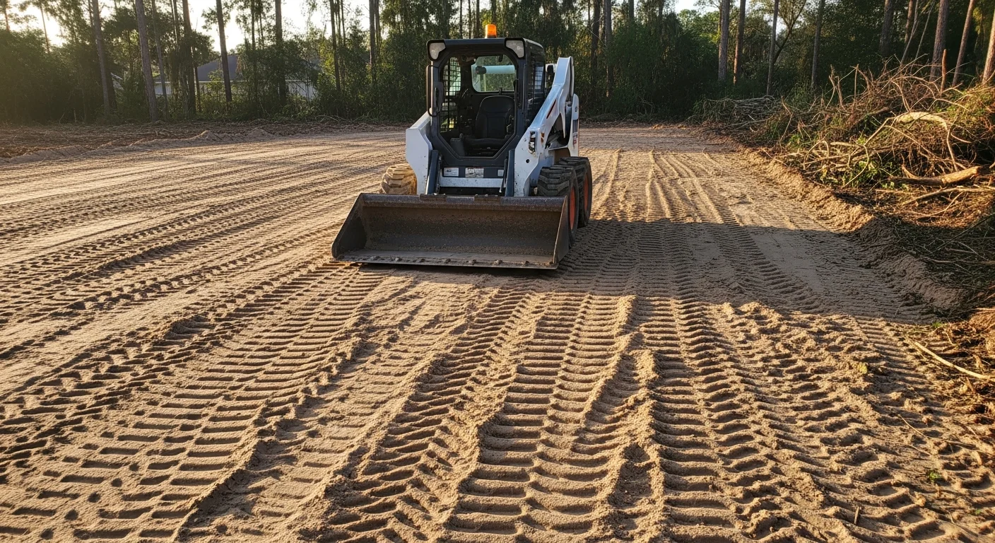 A cleared and graded residential lot in Orlando, FL with sandy Central Florida soil leveled and free of vegetation, stumps, and debris. The property is ready for landscaping installation with a smooth, even surface and no standing water.