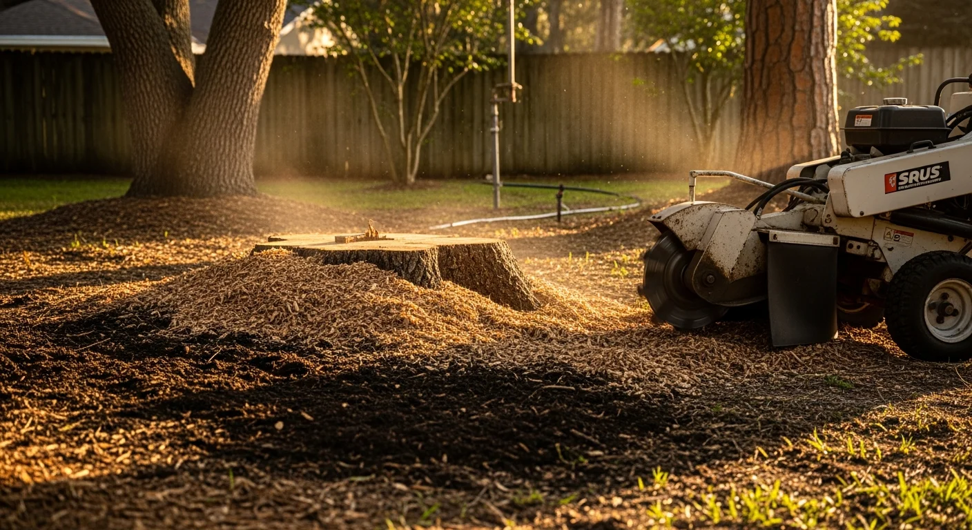 A freshly ground tree stump in an Orlando, FL residential backyard, with wood chip mulch filling the void and surrounding lawn visible. The area is level and clear, ready for new landscaping.
