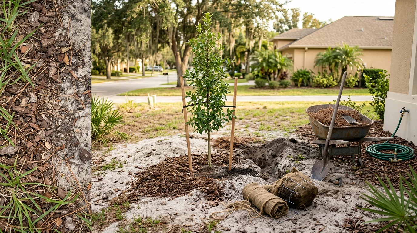 A freshly planted shade tree in a residential yard in Orlando, Florida, with mulch laid around the base and a clear blue sky overhead. A Creeds Outdoor Services crew member stands nearby after completing the tree planting installation.