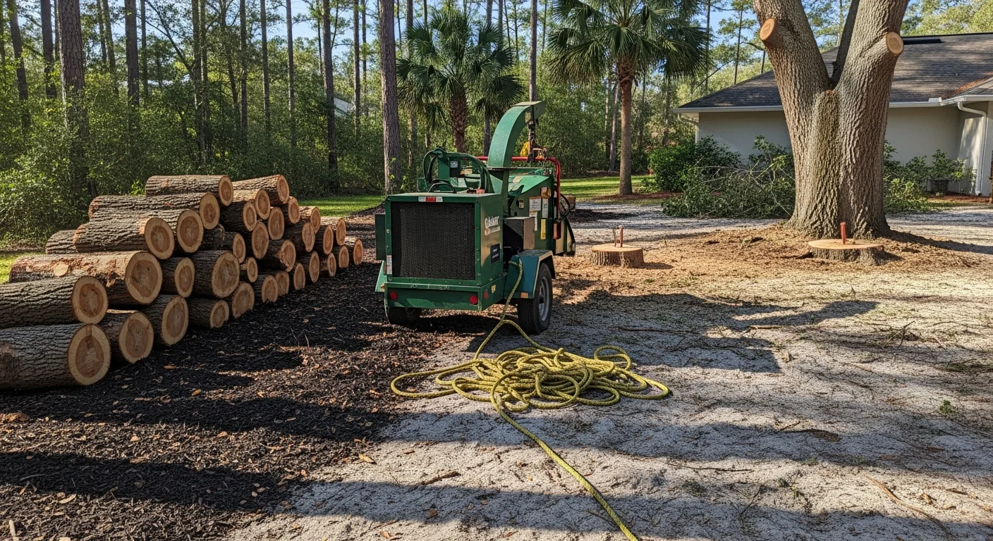 A tree service crew removing a large fallen oak tree from a residential yard in Orlando, FL. Cut sections of the trunk are stacked near the curb while a worker feeds branches into a wood chipper.