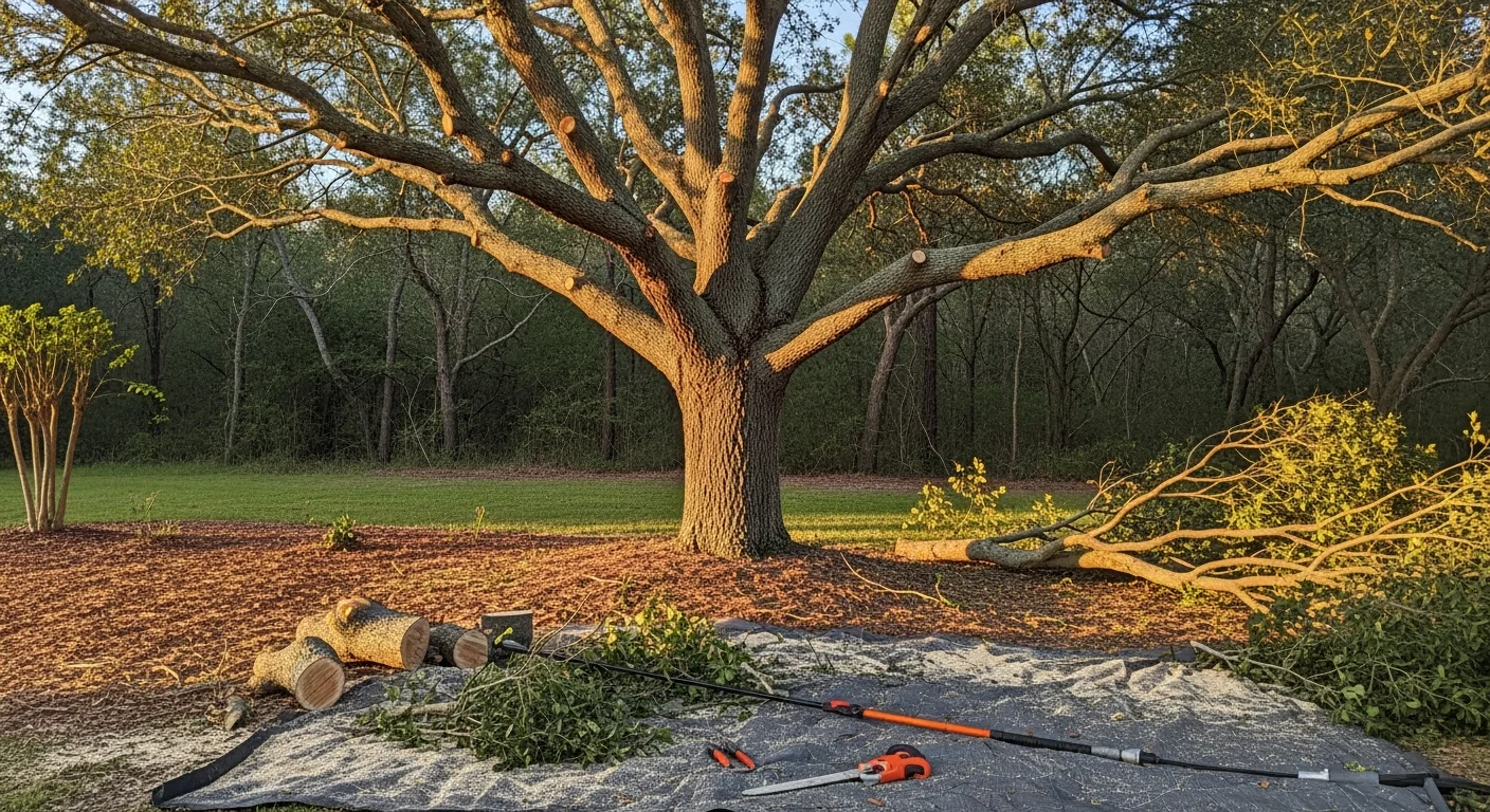 A certified tree crew member trimming the upper canopy of a large live oak in a residential Orlando, FL backyard. Neatly cut branches and cleared deadwood are visible on the ground below the tree.